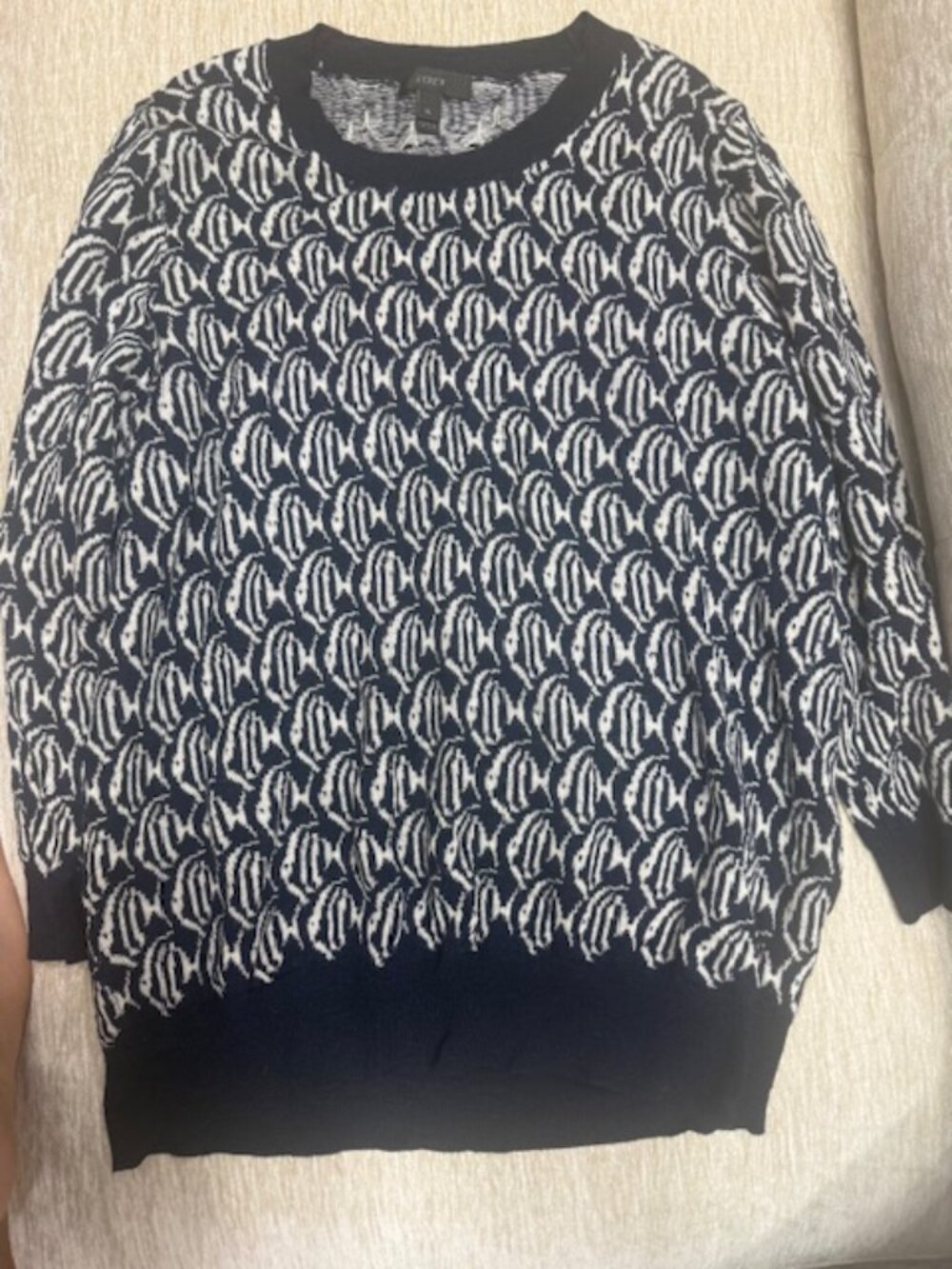 Vintage J.Crew Navy & Ivory Fish Pattern Cotton Crewneck Sweater XL